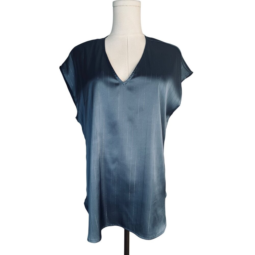 Halogen Blue V-Neck Satin Short Sleeve Blouse